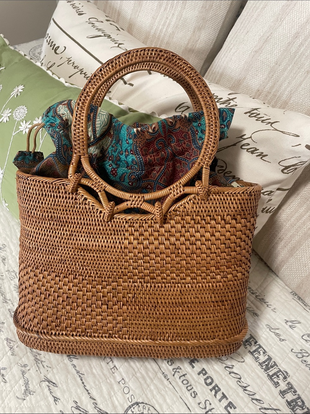 Woven Rattan Tote Bag with Blue Paisley Liner